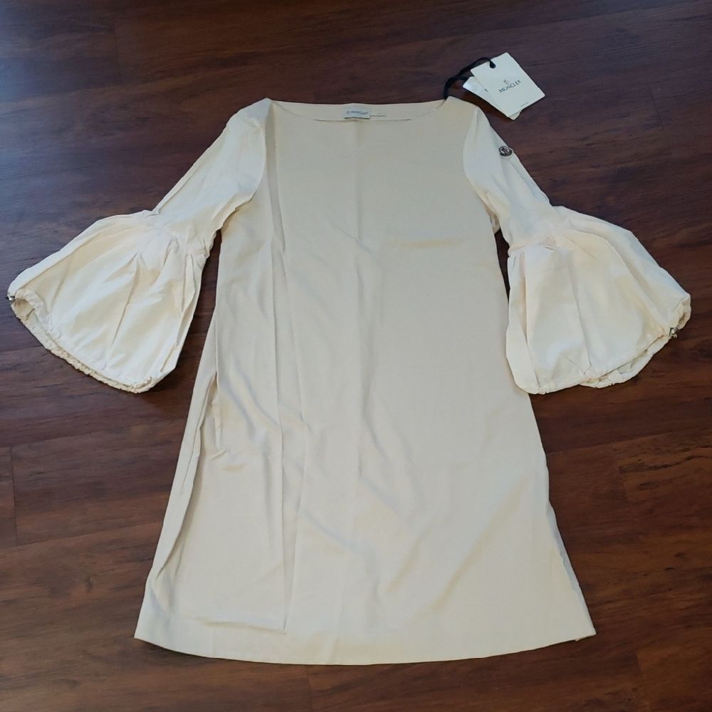 Moncler Twotone Cream Cotton Puff Sleeve Dress Size Medium NEW Retro Y2K Preppy
